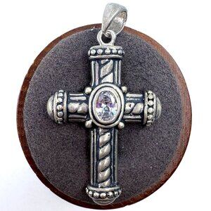 Oval Cubic Zirconia Cross Pendant VTG Sterling Silver 925 Size 1.75" Length